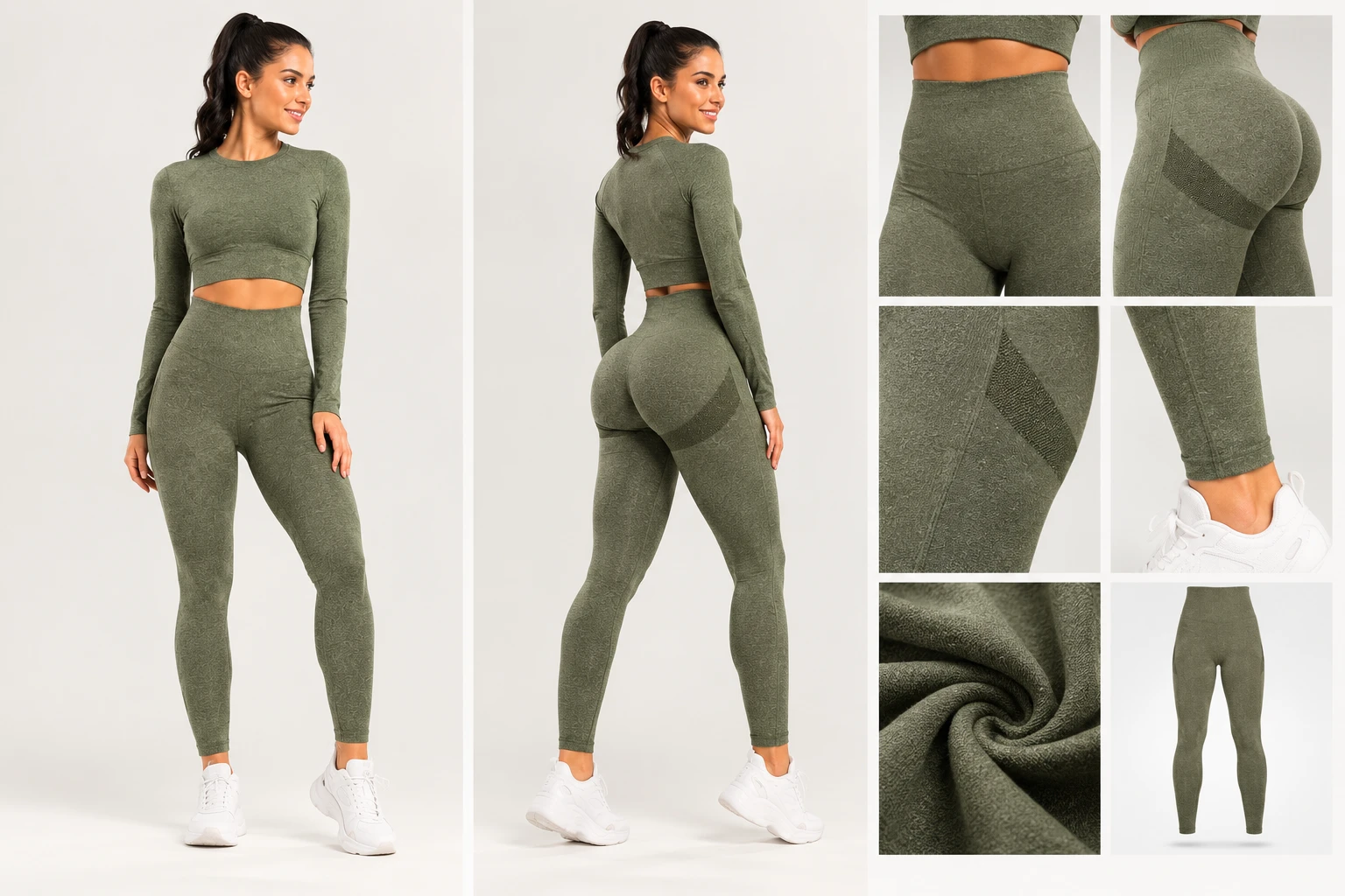 Legging push up verde oliva: vista trasera, efecto glúteo, cintura alta y detalle del tejido