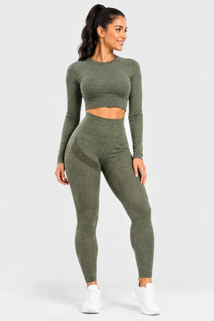 Legging push up sin costuras verde oliva, vista frontal con top a juego